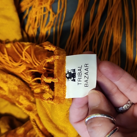 Tribal Burnt Orange Velvet Curtain with Fringe - Picture 2 of 2